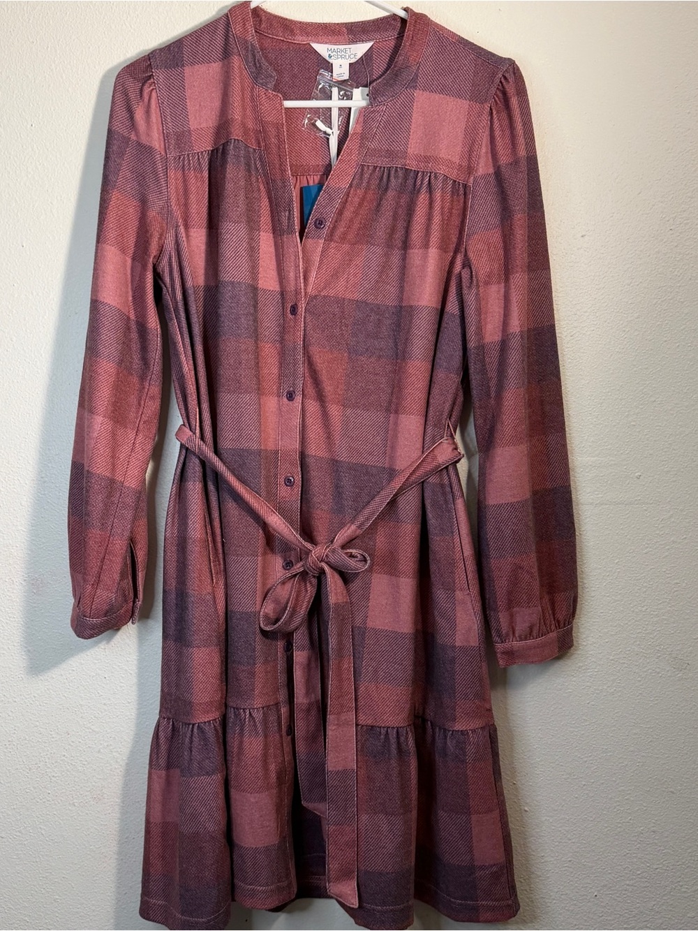 Market & Spruce Rose and Plum Plaid Long-Sleeve Tie-Waist Dress, Soft, sz M Fall
